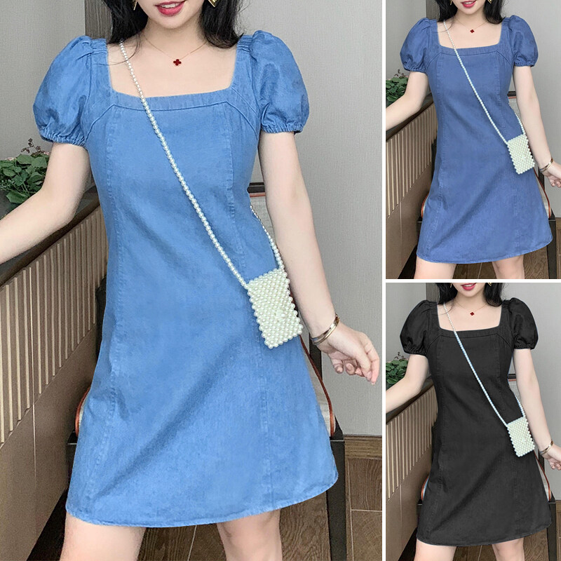 Forevercan VONDA Women Fashion Short Sleeve Holiday Party Denim Dress