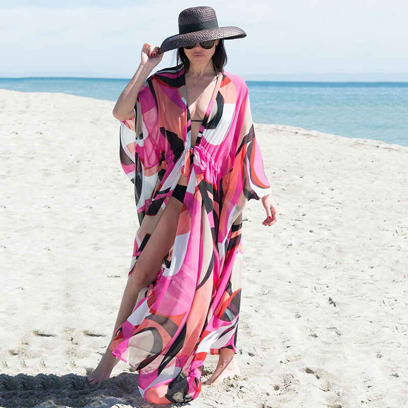 2023 Chiffon Printing Beach Cover Up Tunic Women Drawstring Beach Cardigans Colorful Maxi Dress Bikini Cover Ups