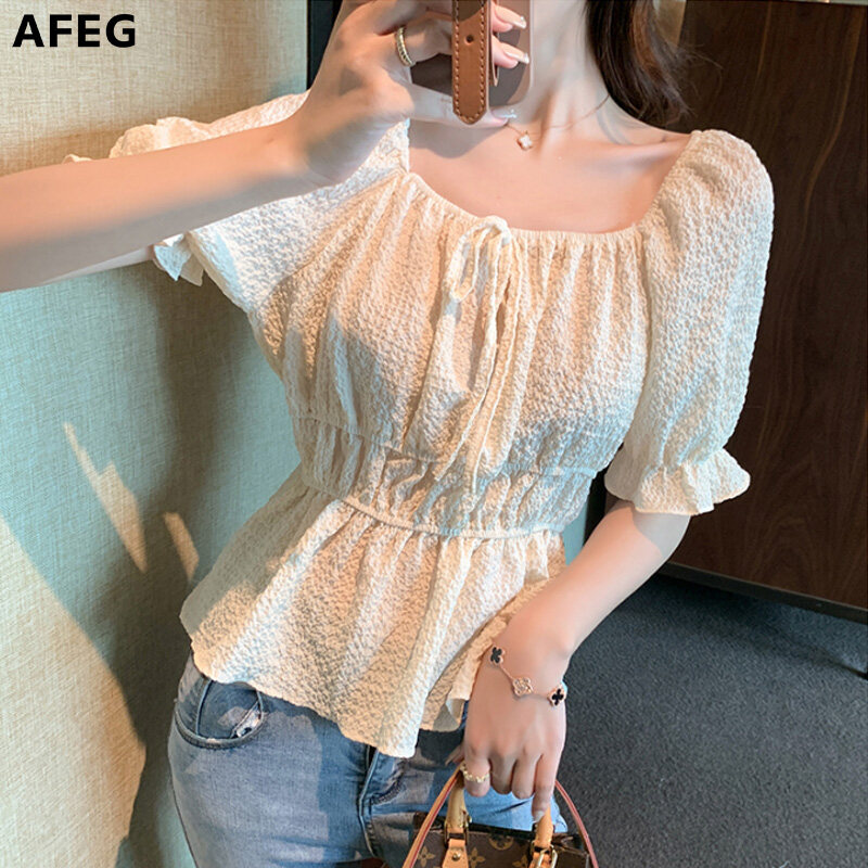 AFEG Korean style women's short-sleeved square neck tie temperament blouse for women