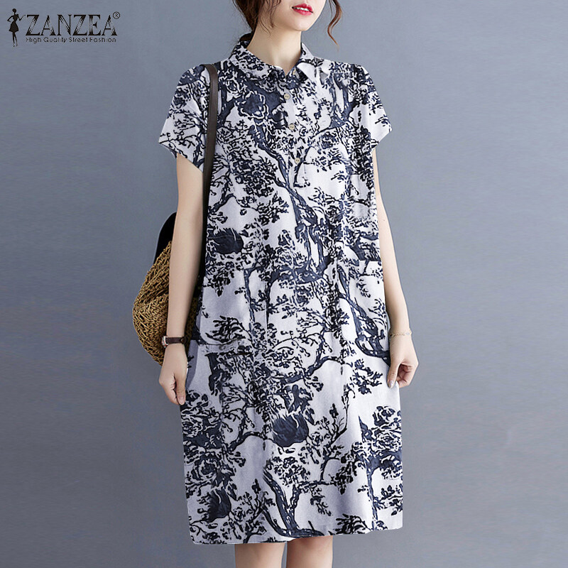 ZANZEA Womens Summer Short Sleeve Button Up Printed A-Line Midi Shirt Dress