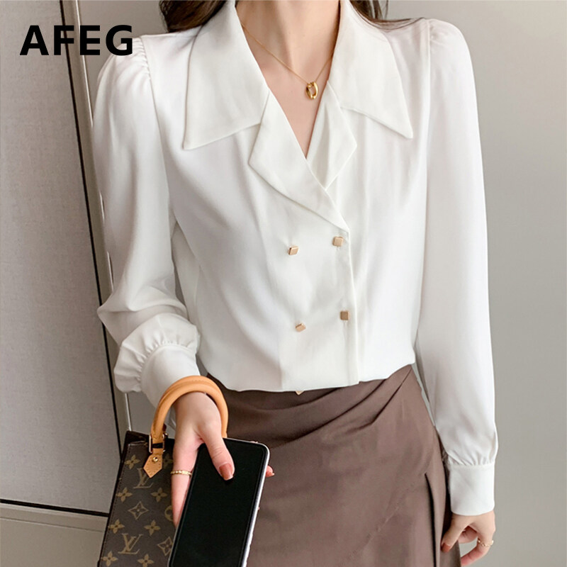 AFEG new Korean fashion loose wild retro chiffon puff sleeve blouse for women