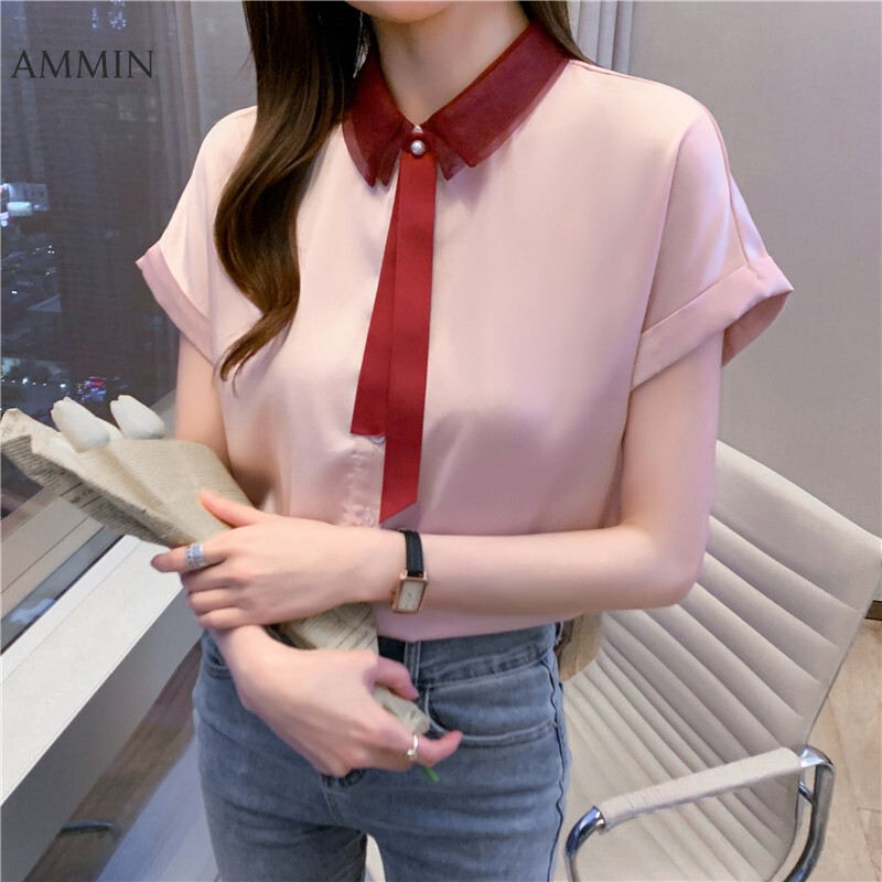 AMMIN Tops 2021 summer new style mesh stitching lapel satin ribbon short-sleeved silk shirt women's personality design sense of contrast stitching loose single-breasted cardigan blouse