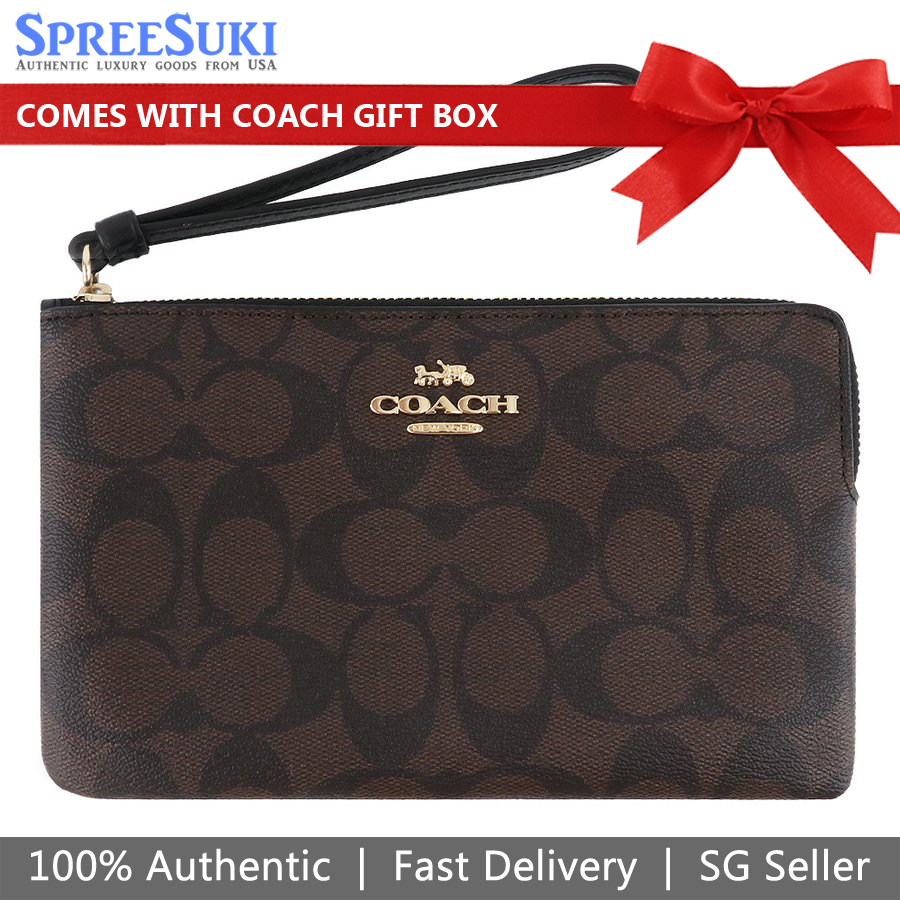 Coach Wristlet In Gift Box Large Wristlet Signature Large Corner Zip Brown Black # 6648
