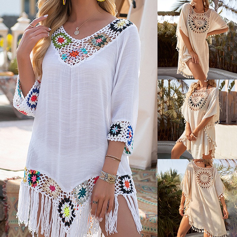 Lovely Beach Cover Up for Women Fashion Sexy Women Hollow Big V-Neck Short Sleeves Irregular Fringe Bikini Beach Outfits