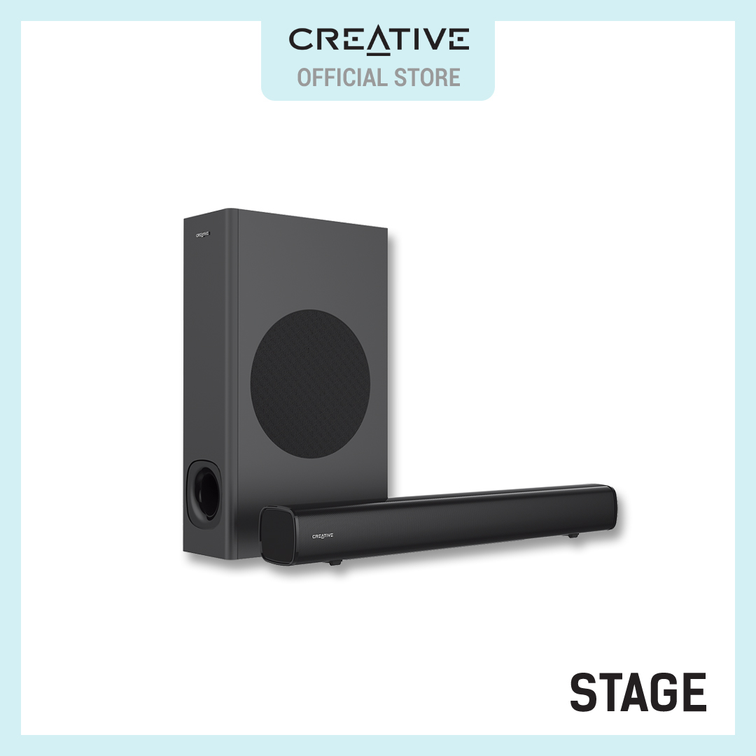 Creative Stage - 2.1 Channel Under-Monitor Soundbar with Subwoofer for TV, Computers, and Ultrawide Monitors, Bluetooth/Optical Input/TV ARC/AUX-in, Remote Control and Wall Mounting Kit