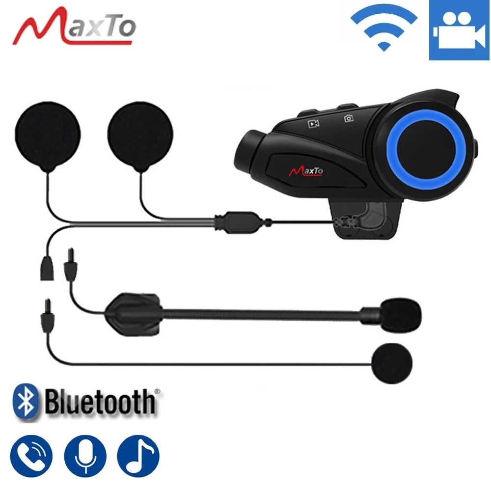 Maxto M3 Waterproof Intercom Motorcycle Headset 1080P HD Camera 6 Riders Group Talking Bluetooth Moto Interphone & Wifi Video Recorder with Soft wire hard wire