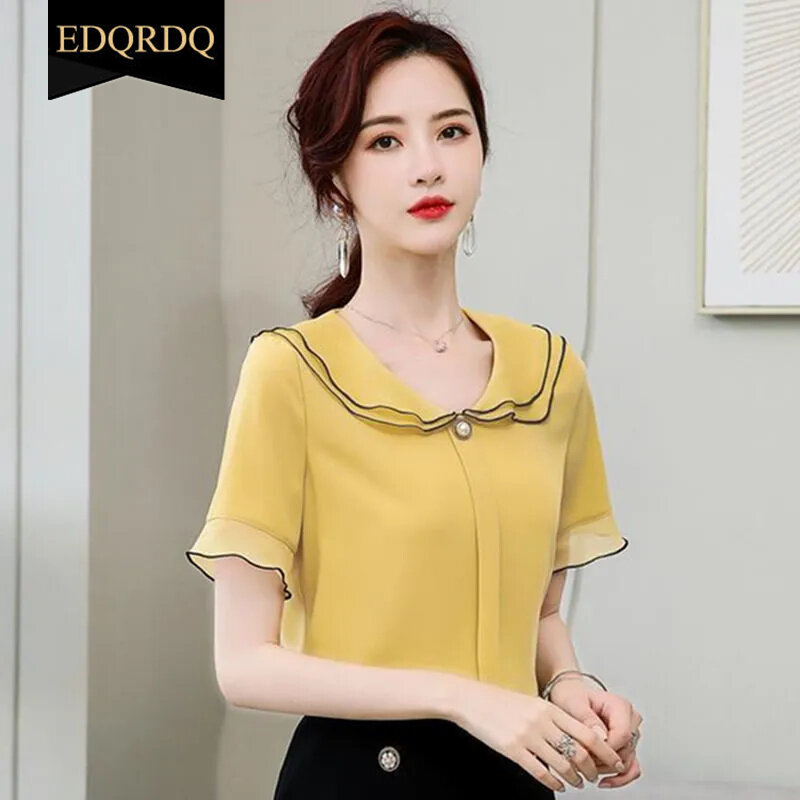 EDQRDQ Women's Doll Collar Puffy Sleeve Solid Color Chiffon Tops Short Sleeves Ruffle Blouse