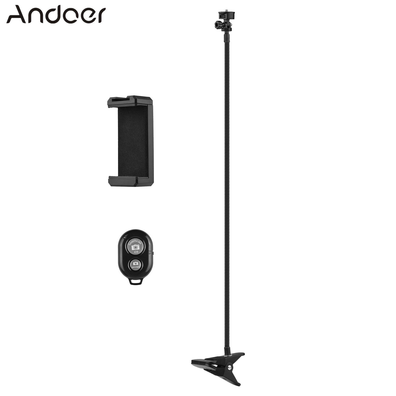 Andoer 72cm/28in Webcam Stand Flexible Desk Mount Bracket 1/4 Inch Screw 1kg Load Capacity with Phone Holder Remote Shutter for Live Streaming Online Teaching Meeting Chatting