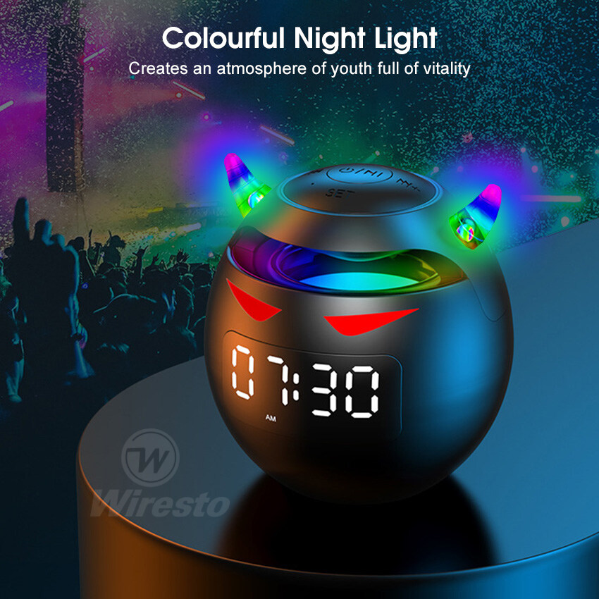 Wiresto Mini Bluetooth Speaker Multi-function Little Devil Subwoofer Speaker With Clock Colorful Wireless Bluetooth Speaker Stereo Music Surround Mobile Call LED Light Speaker Support Bluetooth TF Car