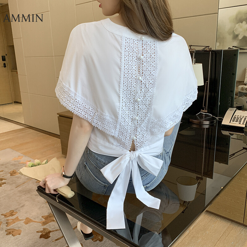 AMMIN Tops 2021 new Korean version of round neck bat sleeve hollow embroidered lace stitching chiffon shirt women's bow tie Hong Kong style pure short-sleeved blouse