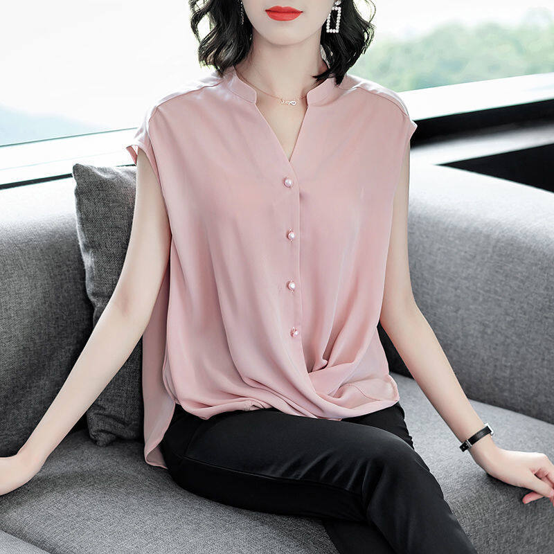 Blouse for Women V-Neck Chiffon Solid Loose Short Sleeve Women's Pullovers Shirts Summer Office Lady Plus Size Korean Style Top