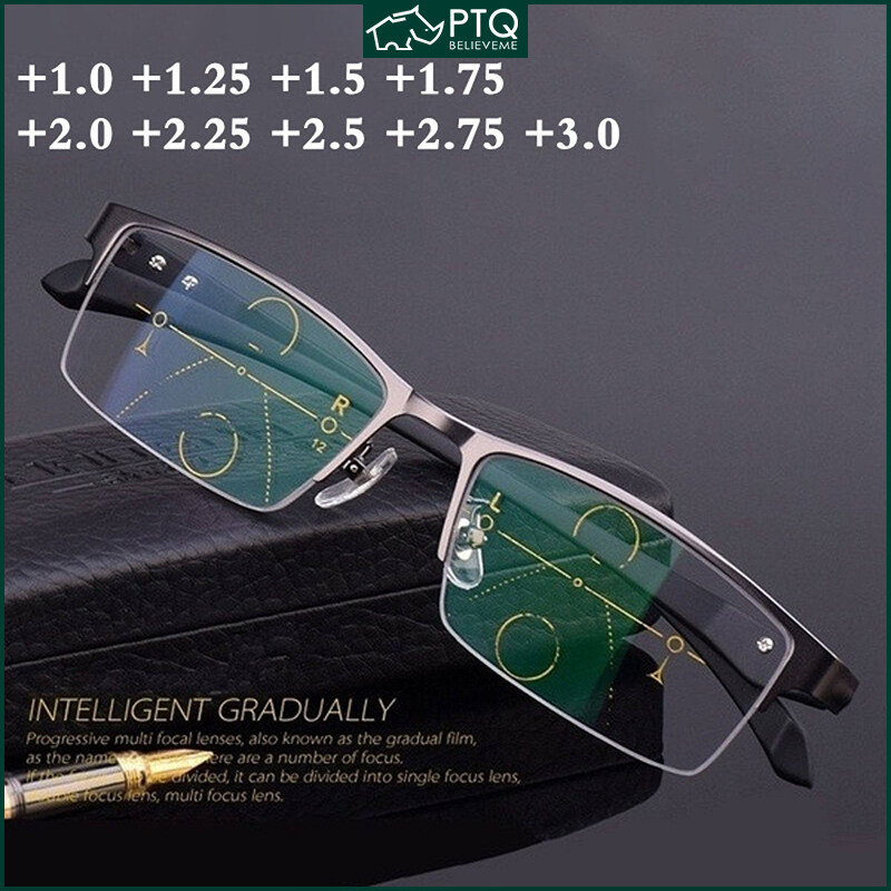 Multi Focus Reading Glasses Progressive Multifocal Lenses Half Rim Men Women Glasses Varifocal Square Diopter Glasses+Rx Farsighted PTQ