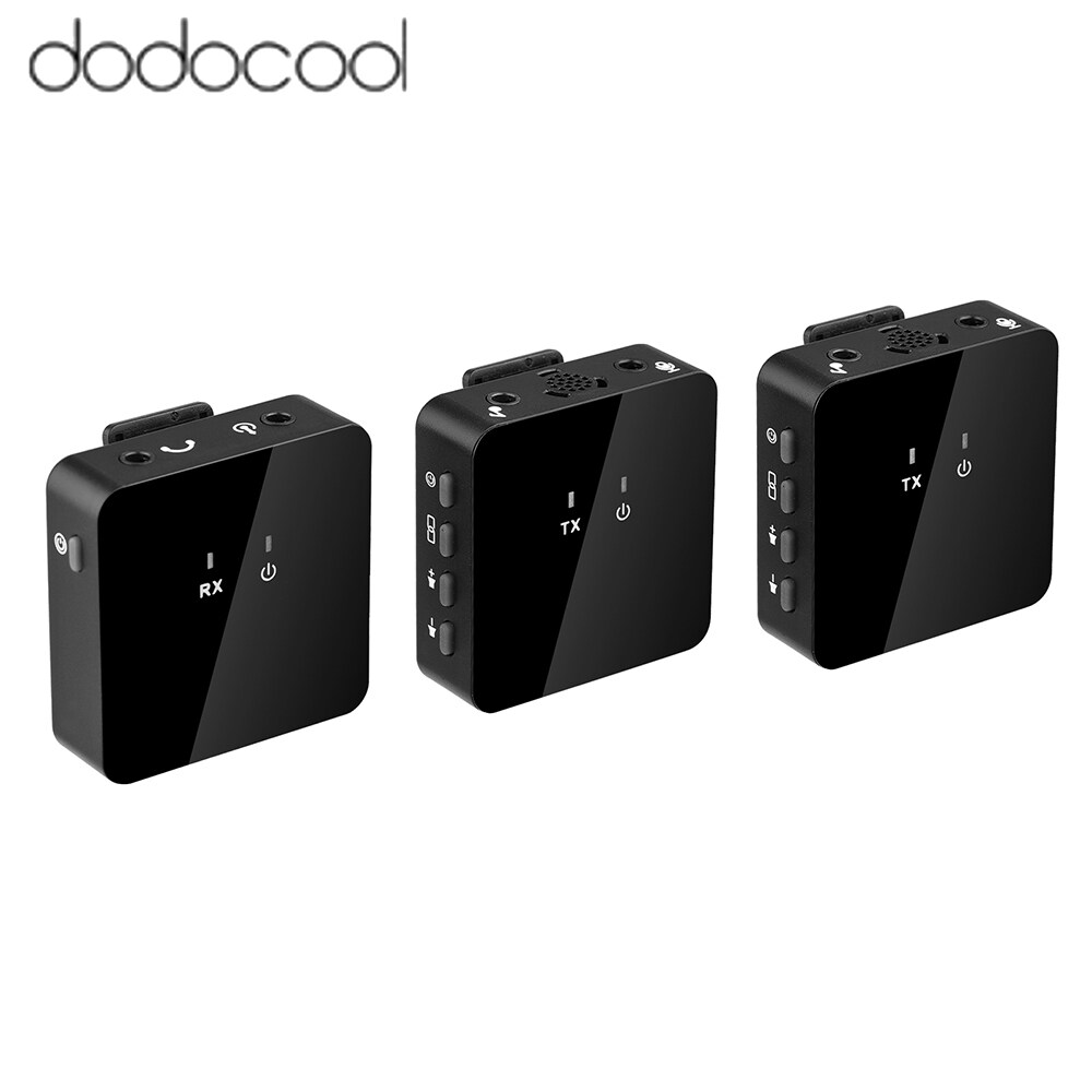 dodocool Wireless Clip-on Microphone UHF Wireless Mic 2 Transmitters and Receiver with Clip Rechargeable Microphone with Windscreen Earphone Monitoring Function for Interview Live Show Vlog Shooting T