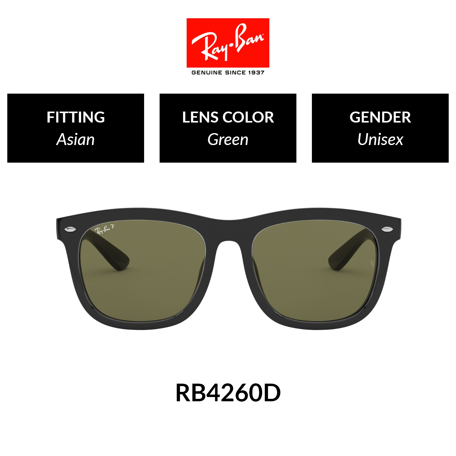 Ray-Ban SQUARE  RB4260D 601/9A  Unisex Asian Fitting  POLARIZED Sunglasses  Size 57mm