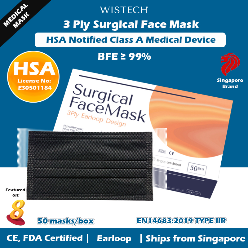 [GET %% OFF MIX AND MATCH]  [Individually Sealed] (White/Black/Pink/Blue) Wistech 3 Ply Surgical Face Mask, 50 pieces, HSA Notified Medical Device, FDA CE Approved, BFE 99%